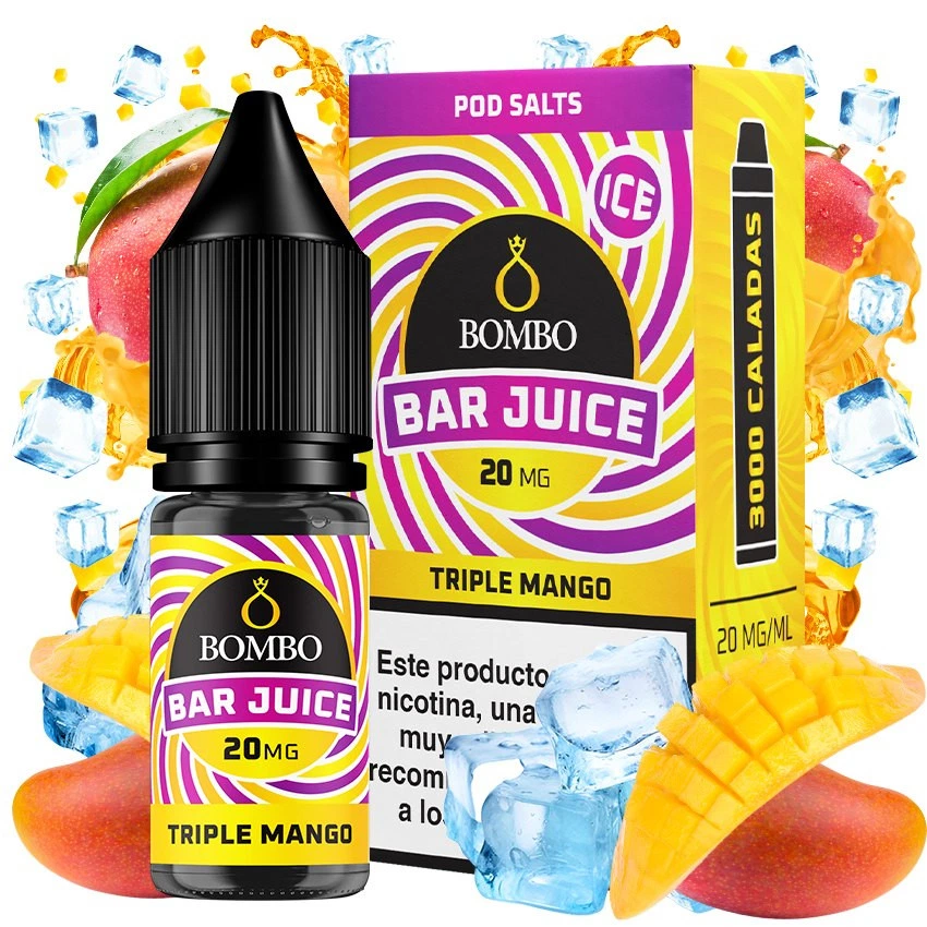 Frasco y caja de Triple Mango Ice Bar Juice de Bombo, con etiqueta de 20 mg/ml, rodeados de mangos y cubitos de hielo.