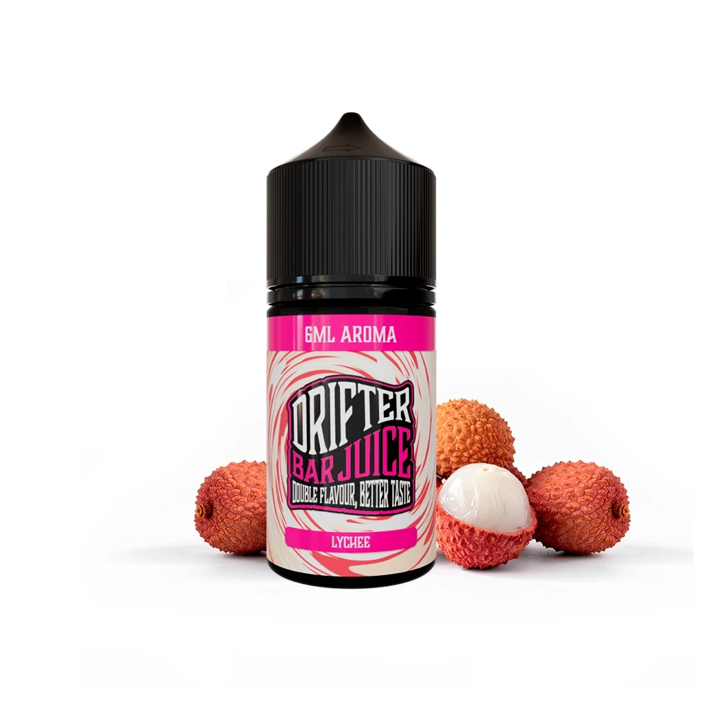 Frasco Drifter Bar Juice Lychee con tapón negro y etiqueta rosa de 6 ml, rodeado de lichis enteros y uno abierto.