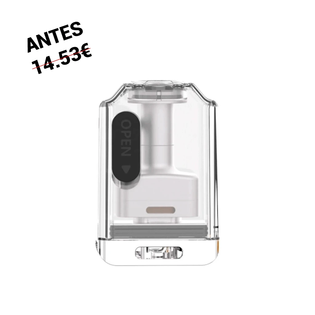 Lost Vape Centaurus G80 Boro Tank Silver visto de frente, con carcasa transparente, interior plateado y pestaña negra marcada OPEN.