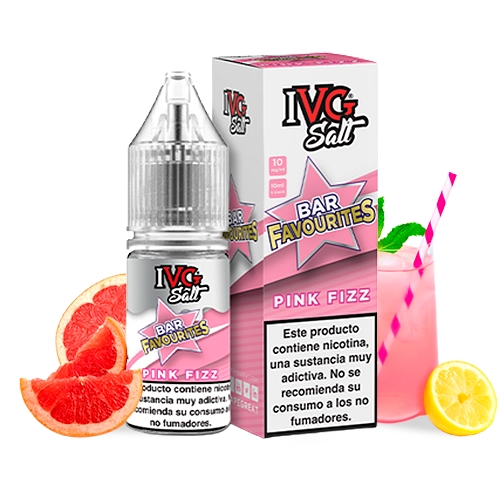 Frasco y caja de IVG Bar Favourites Pink Fizz junto a rodajas de cítricos y una bebida rosa con pajita a rayas.