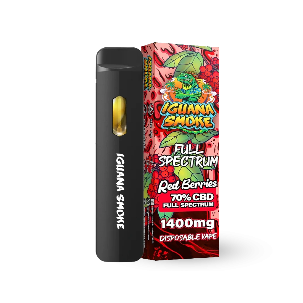 Pod negro Iguana Smoke con ventana amarilla junto a su caja Red Berries, decorada con frutos rojos y rotulada «1400 mg» y «70% CBD».