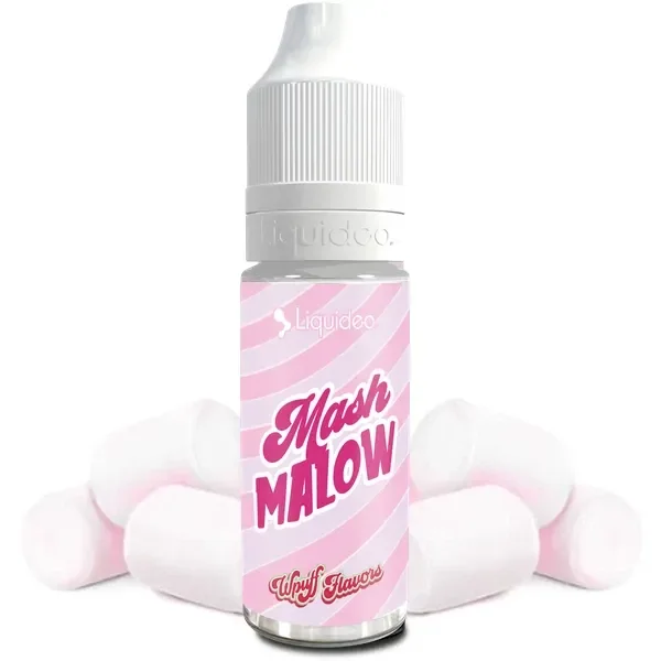 Frasco Liquideo Mash Malow con tapón blanco y etiqueta rosa a rayas, acompañado de nubes de golosina blancas y rosas.