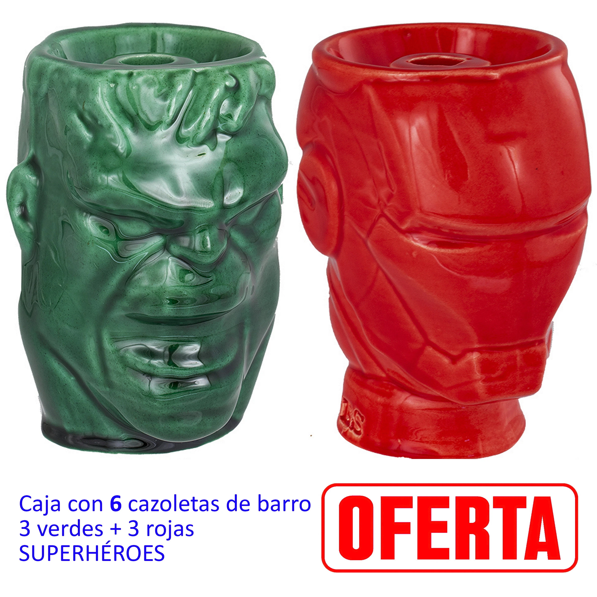 Dos modelos de cazoleta para cachimba: uno verde con rostro de Hulk y otro rojo con casco de Iron Man, ambos con abertura central superior.