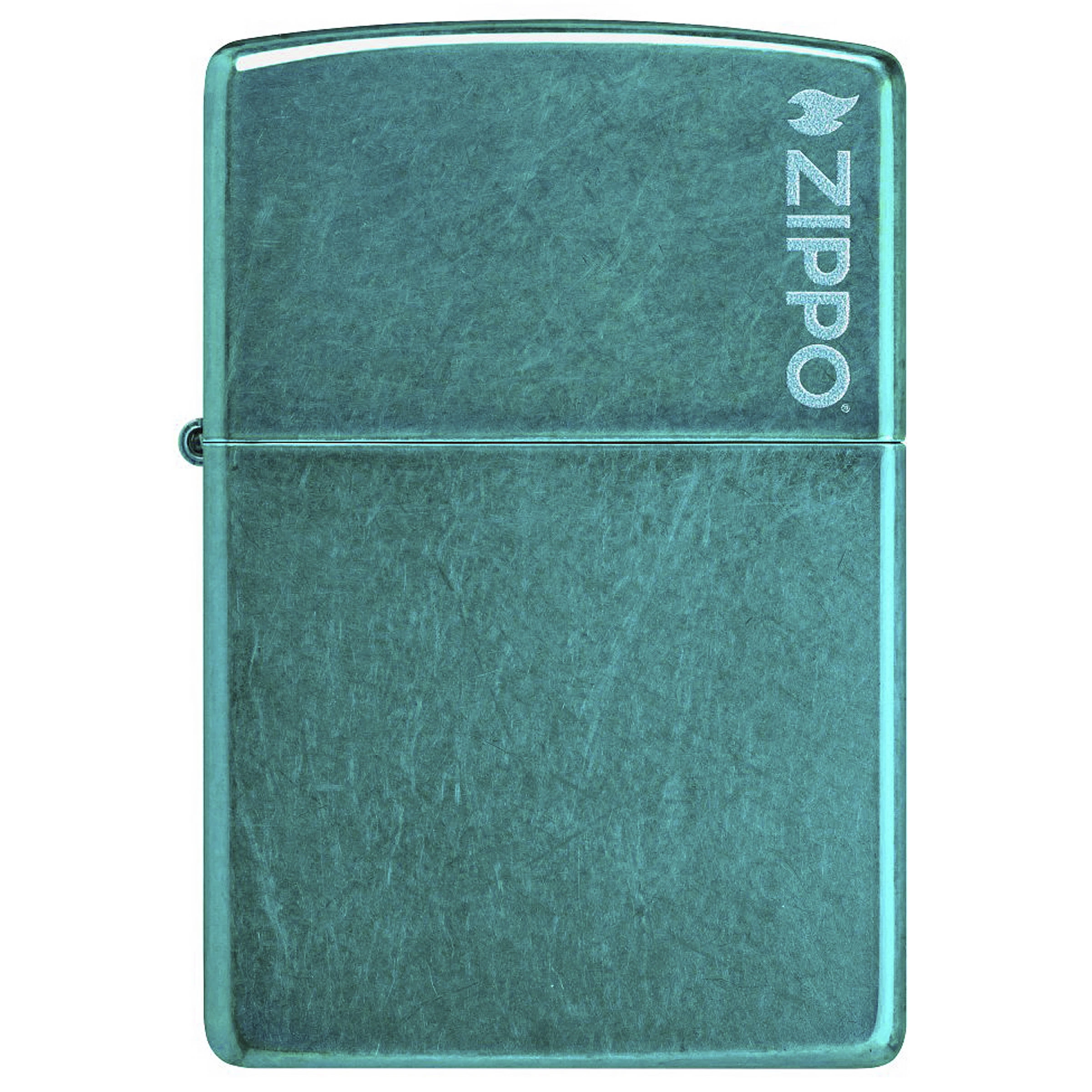 Encendedor Zippo Candy Teal cerrado, visto de frente, con acabado verde azulado de textura moteada y logotipo vertical en la tapa.