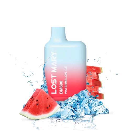 Vaper Lost Mary BM600 Sandía Ice con degradado azul y rosa, rodeado de trozos de sandía, hielo y salpicaduras.