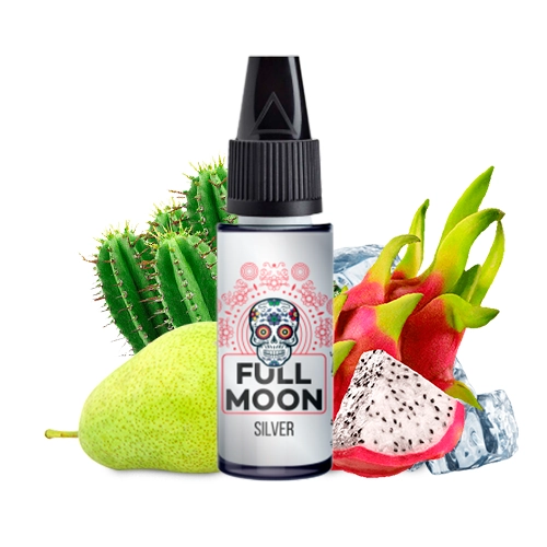 Frasco Full Moon Silver con tapón negro y una calavera en la etiqueta, acompañado de pera, pitahaya, cactus y hielo.