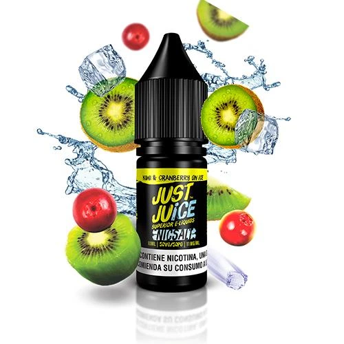 Frasco Just Juice Nic Salts Kiwi & Cranberry On Ice con tapón negro, rodeado de kiwis cortados, frutos rojos, hielo y salpicaduras.
