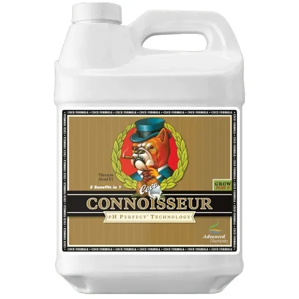 Garrafa blanca de pH Perfect Connoisseur Coco Grow, con asa y etiqueta dorada con un bulldog con sombrero y pipa.
