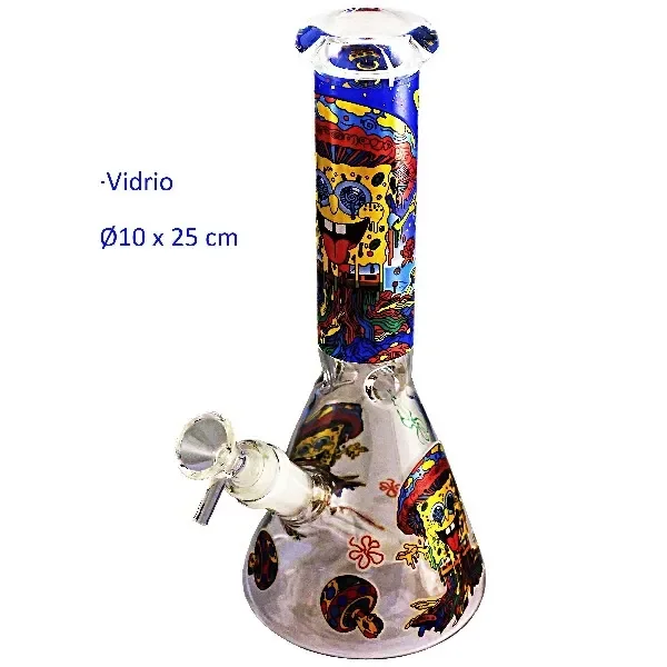 Bong de cristal con base ensanchada, cazoleta lateral y cuello largo decorado con dibujos multicolores de Bob Esponja, sobre fondo blanco.