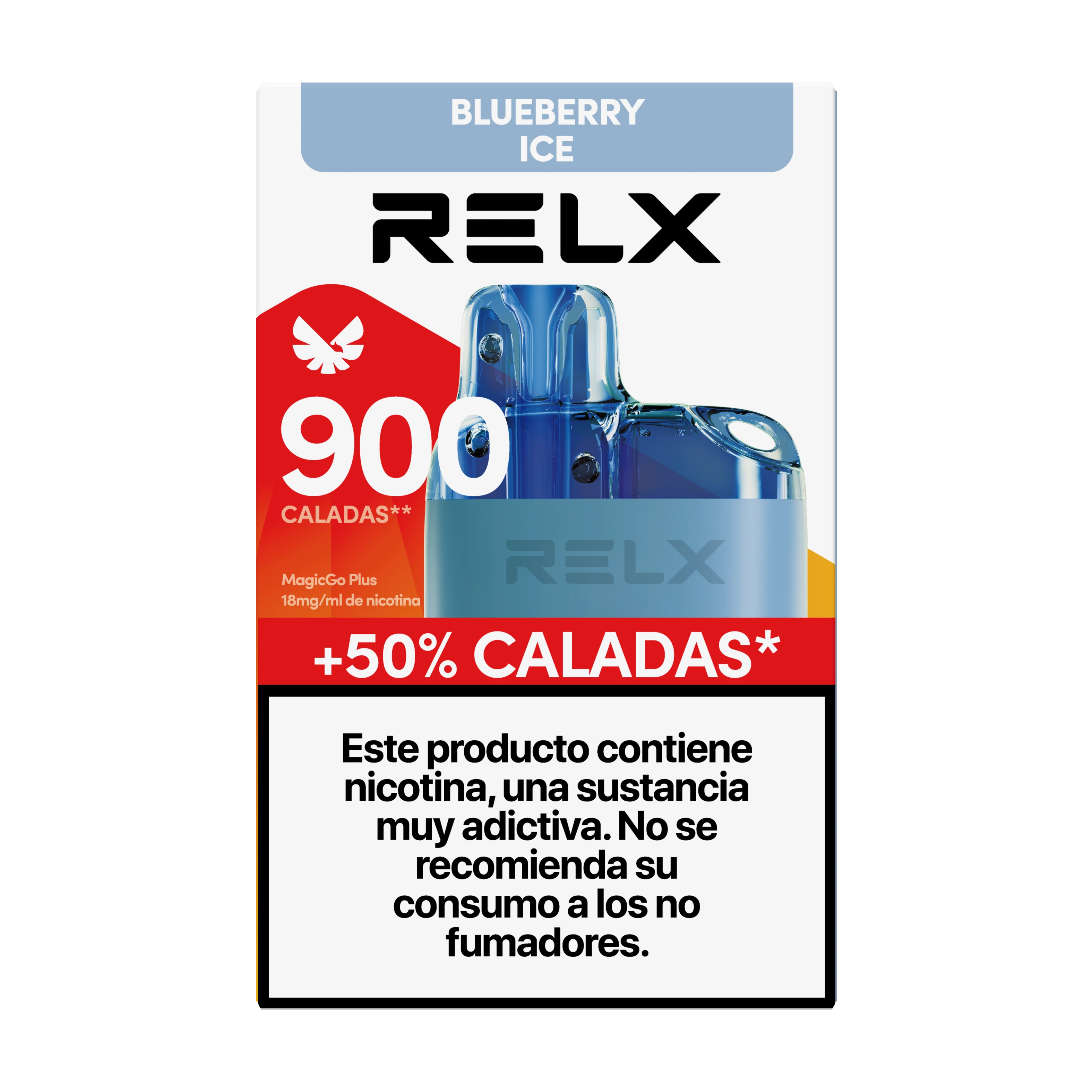 Caja de RELX MagicGo Plus Blueberry Ice con un vaper azul ilustrado, texto de 900 caladas y advertencia sobre la nicotina.