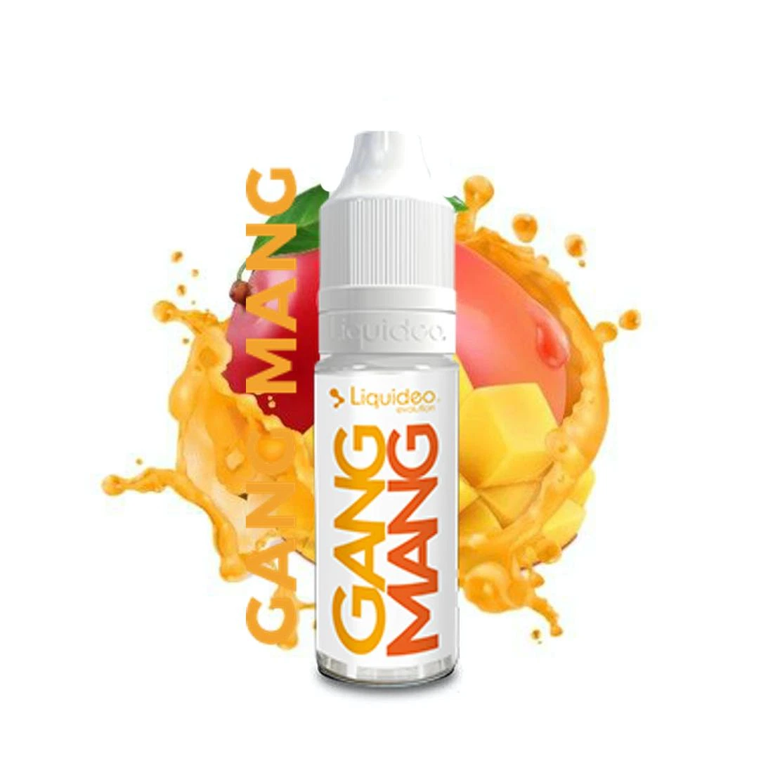 Bote de GANG MANG de Liquideo con tapón blanco, rodeado de mango cortado y una salpicadura naranja sobre fondo blanco.