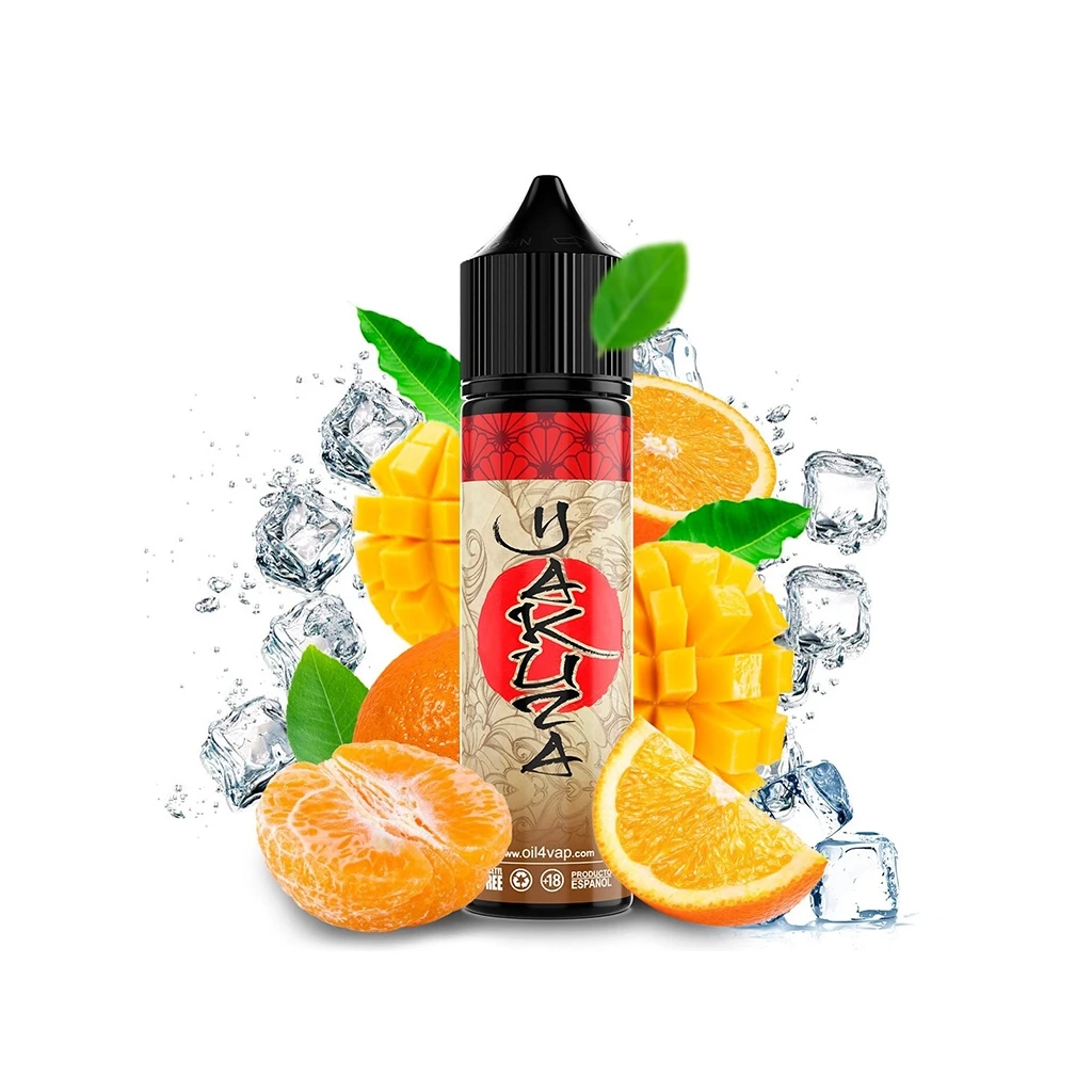 Bote de Oil4vap Yakuza con tapón negro, rodeado de mango, cítricos, hojas verdes y cubitos de hielo sobre fondo blanco.