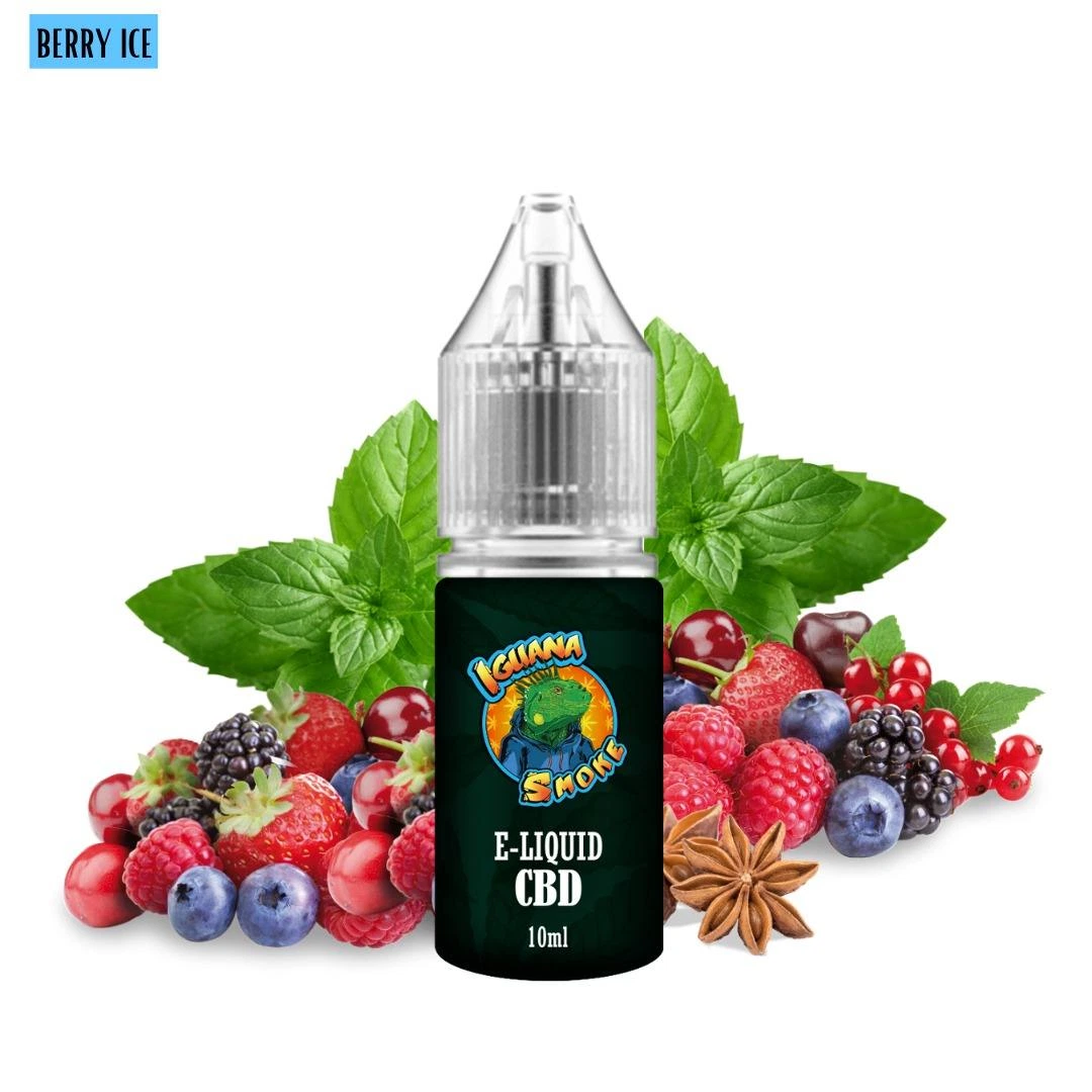 Frasco de e-líquido Berry Ice de Iguana Smoke, con etiqueta CBD de 10 ml, rodeado de frutos rojos, hojas verdes y anís estrellado.