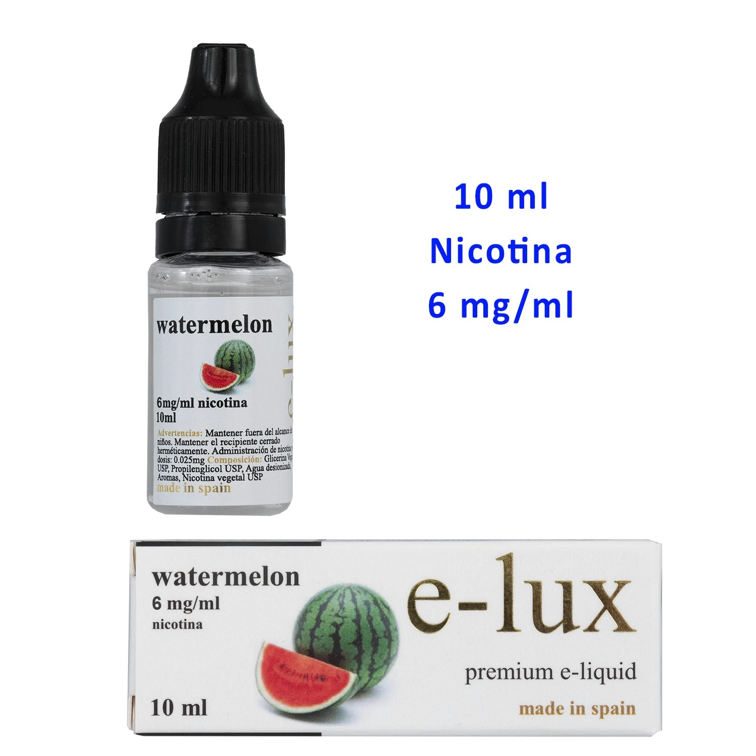 Frasco de E-Liquid Watermelon e-lux con tapón negro y caja con dibujos de sandía; texto de 10 ml y nicotina de 6 mg/ml.