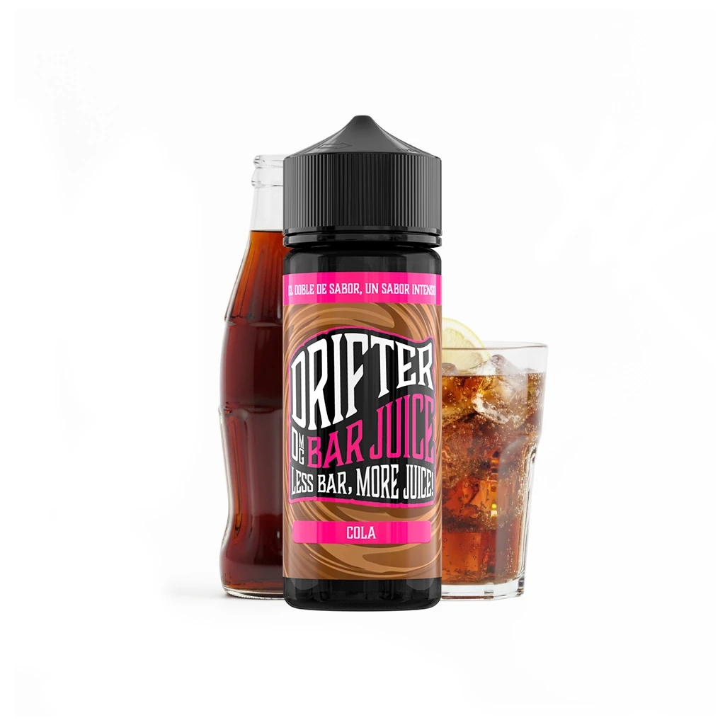 Bote Drifter Bar Cola con tapón negro y etiqueta marrón y rosa, delante de una botella de refresco y un vaso con hielo y limón.