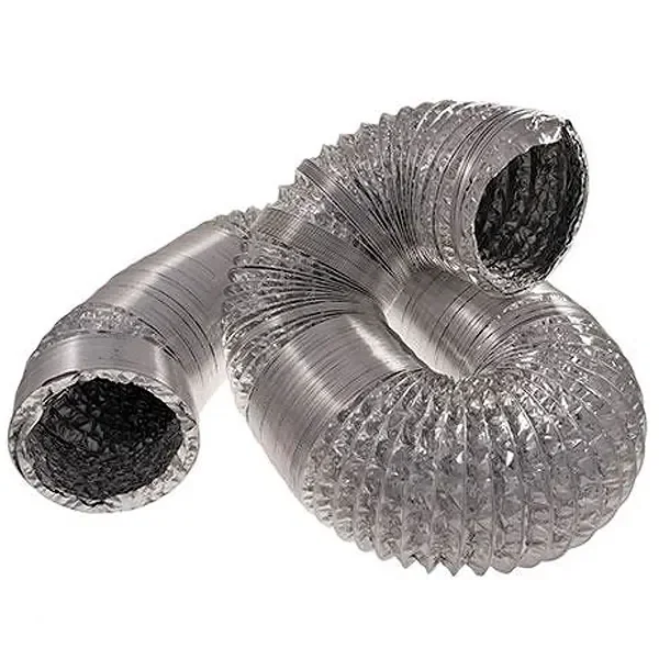 Tubo flexible de aluminio plateado, curvado sobre sí mismo, con superficie corrugada y los dos extremos abiertos a la vista.