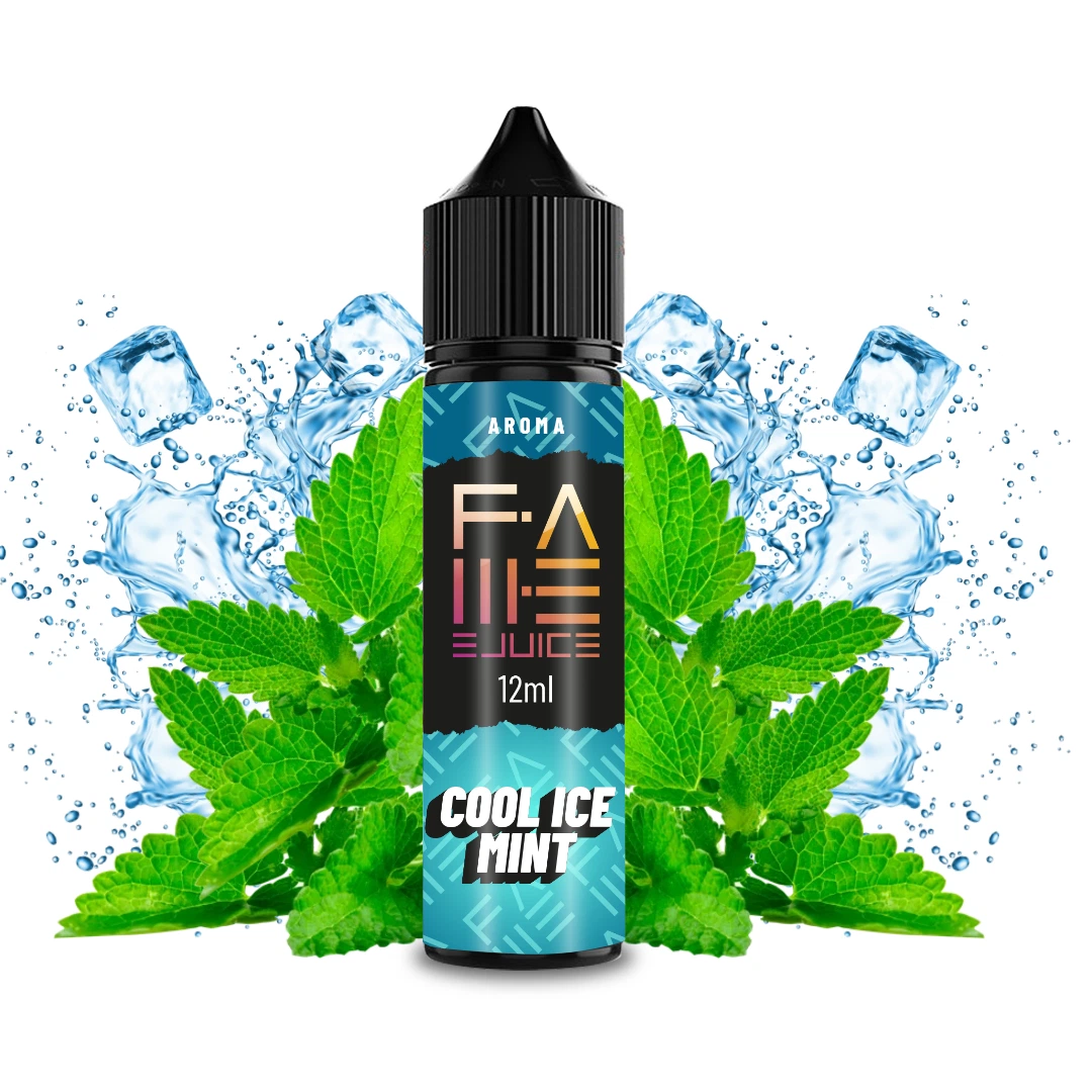 Bote de aroma Cool Ice Mint de Fame Ejuice, con etiqueta turquesa de 12 ml, rodeado de hojas de menta, cubitos y salpicaduras de agua.
