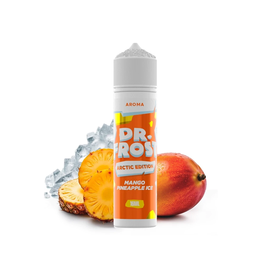 Bote Dr Frost Mango Pineapple Ice con tapón blanco y etiqueta naranja, acompañado de mango, rodajas de piña y cubitos de hielo.