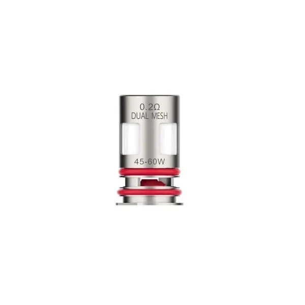 Resistencia Vaporesso GTX Dual Mesh plateada con dos juntas rojas, ventanas laterales y las inscripciones 0,2 Ω y 45–60 W. Resistencia Vaporesso GTX Dual Mesh plateada con dos juntas rojas, ventanas laterales y las inscripciones 0,2 Ω y 45–60 W.