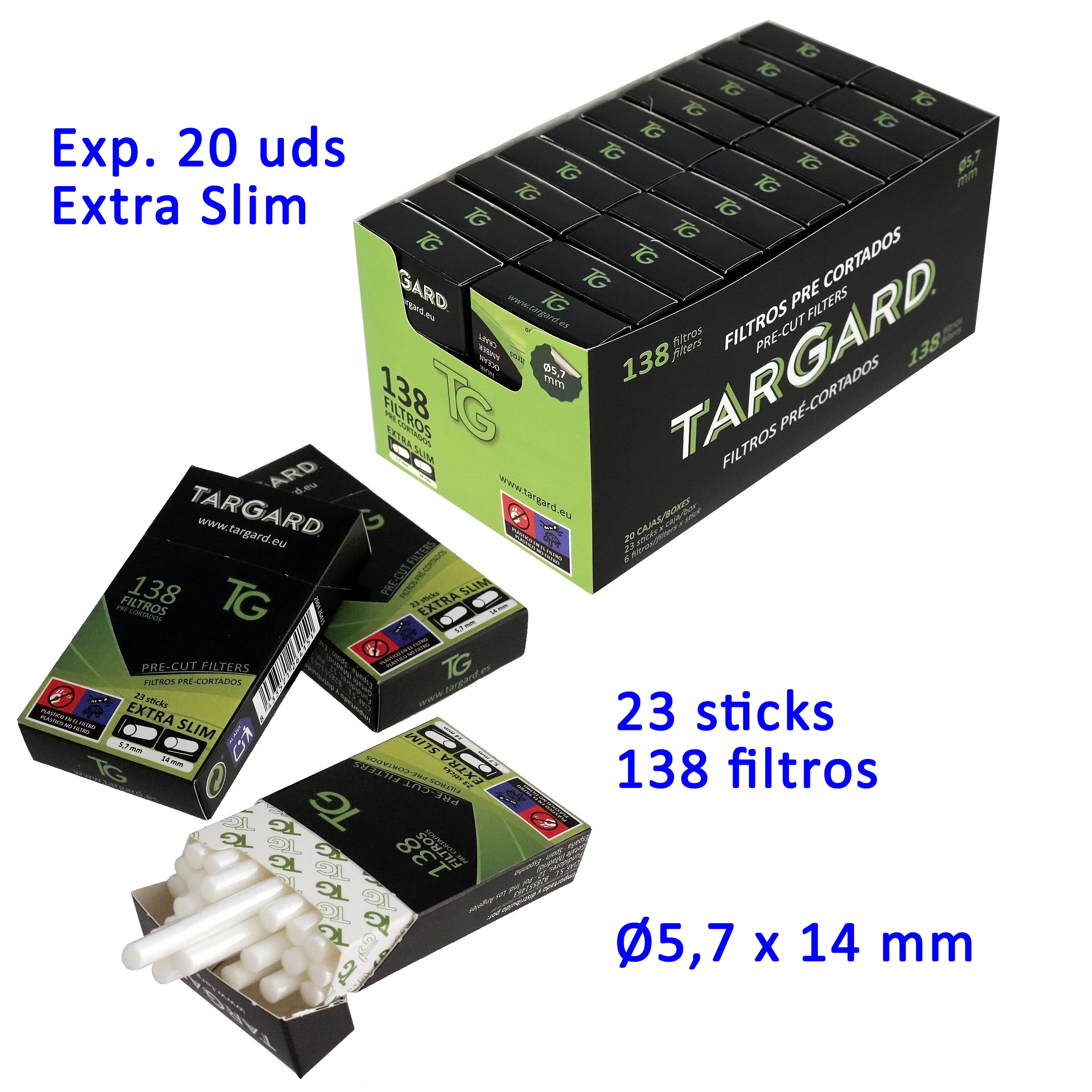 Expositor de filtros TG Extra Slim con cajetillas negras y verdes, una abierta con filtros blancos precortados en tiras. Expositor de filtros TG Extra Slim con cajetillas negras y verdes, una abierta con filtros blancos precortados en tiras.
