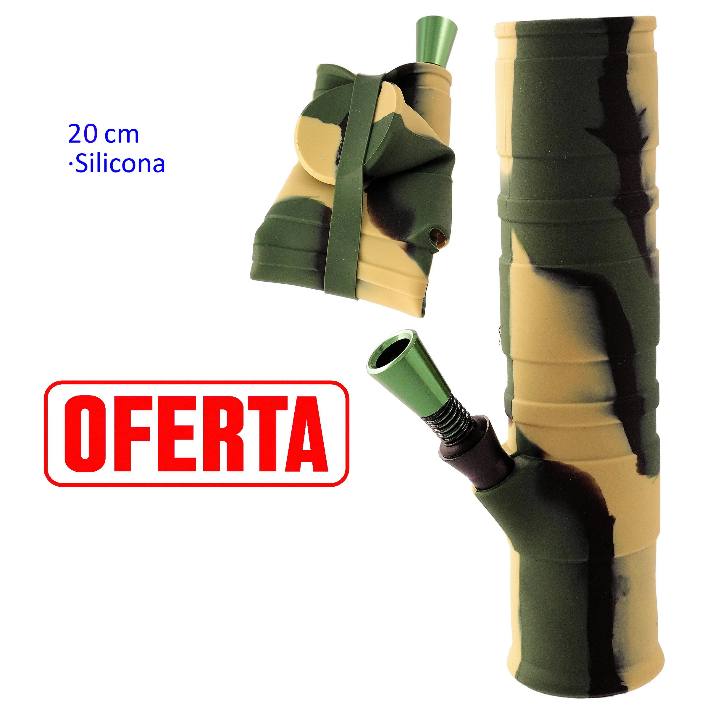 Bong plegable de camuflaje verde, beige y negro, mostrado extendido y plegado, con boquilla lateral inclinada.