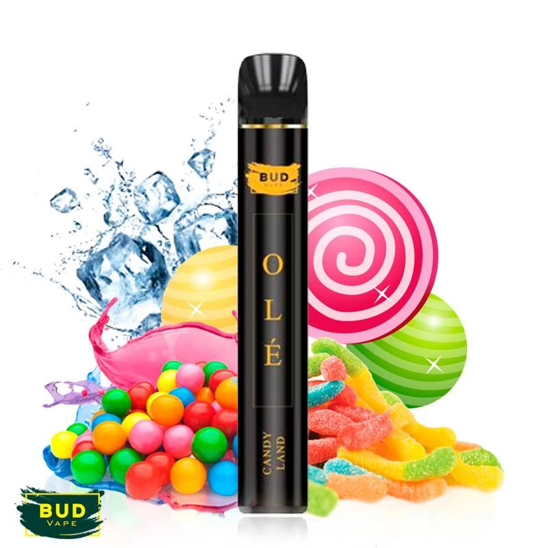 Pod negro Candy Land Olé de Bud Vape, en vertical, rodeado de piruletas, caramelos de colores, gominolas y cubitos de hielo.
