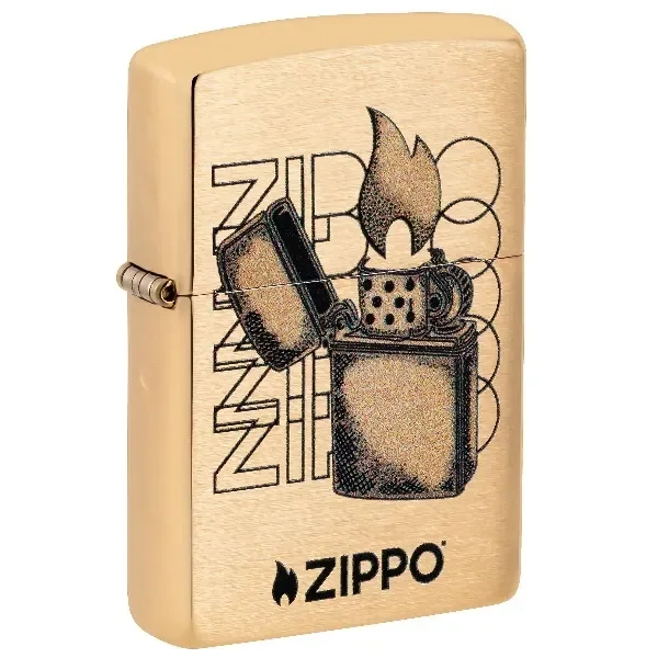 Encendedor Zippo dorado cerrado, decorado con el dibujo negro de un encendedor abierto con llama y el logotipo en la parte inferior.