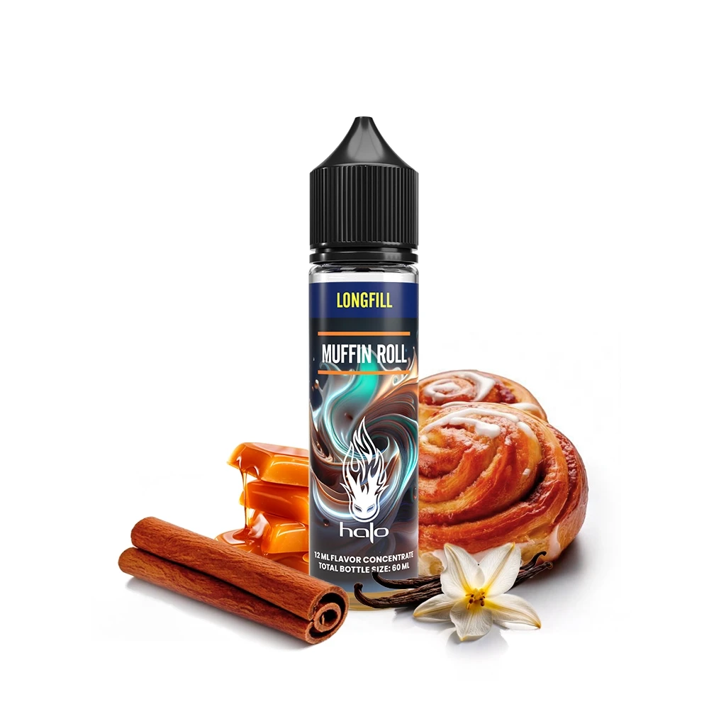 Frasco Halo Muffin Roll Longfill con tapón negro, rodeado de rollos de canela, caramelo, ramas de canela y una flor de vainilla.