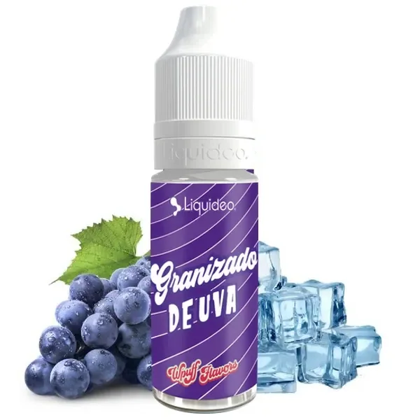 Frasco de Granizado de Uva Liquideo Wpuff Flavors con etiqueta morada y tapón blanco, acompañado de uvas y cubitos de hielo.