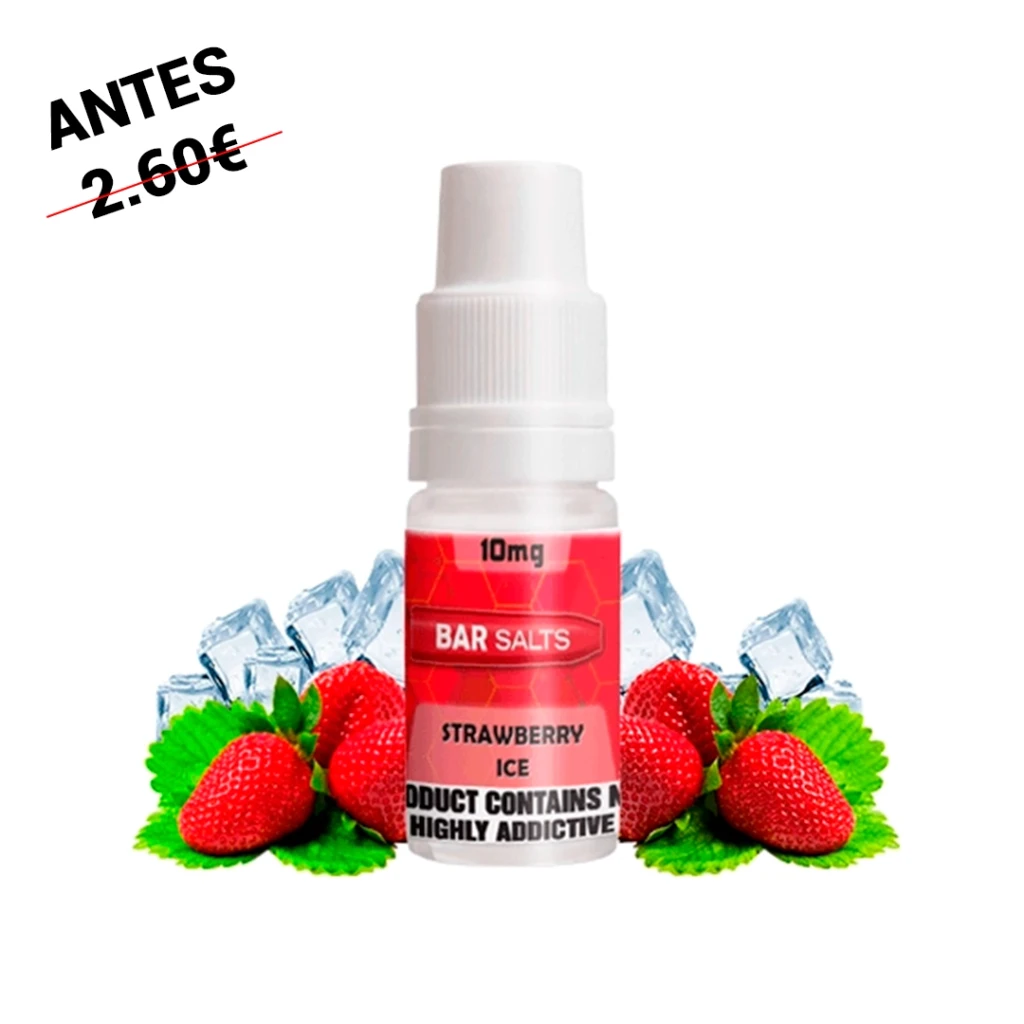 Frasco de Bar Salts Strawberry Ice con etiqueta roja, indicación de 10 mg y tapón blanco, rodeado de fresas, hojas y cubitos de hielo.