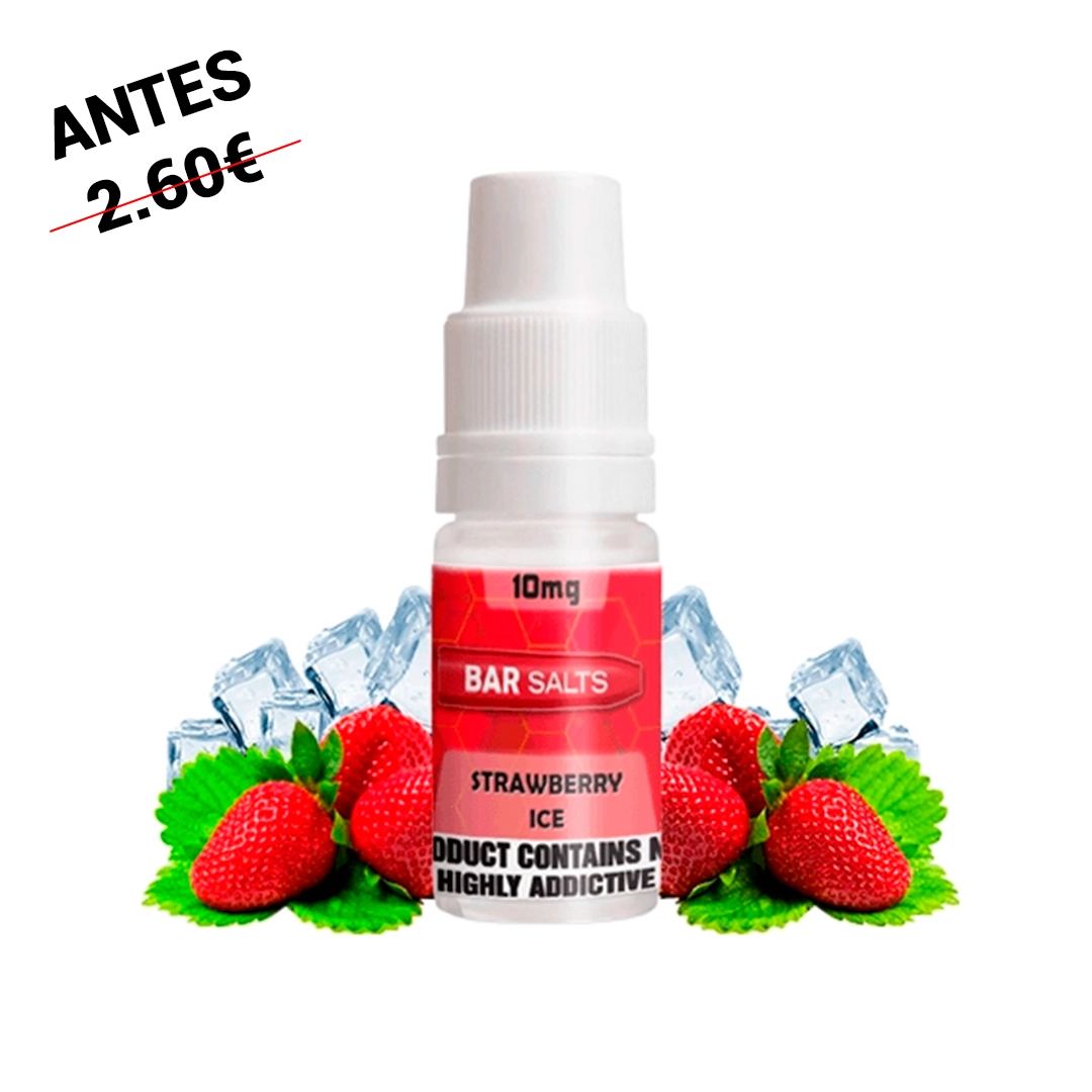 Frasco de Bar Salts Strawberry Ice con etiqueta roja, indicación de 10 mg y tapón blanco, rodeado de fresas, hojas y cubitos de hielo.