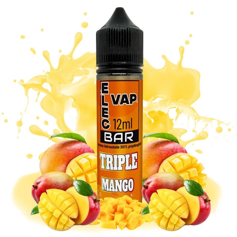 Frasco de aroma Triple Mango Bar by Elecvap con etiqueta naranja y tapón negro, entre mangos enteros, troceados y salpicaduras amarillas.