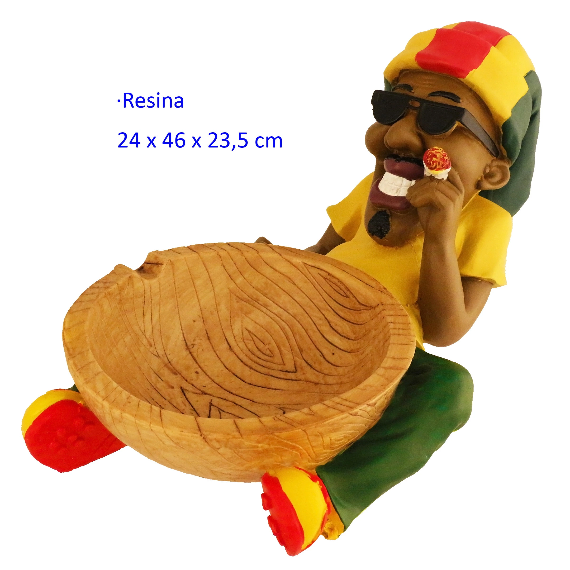 Cenicero con figura sonriente de gafas oscuras y gorro rojo, amarillo y verde, que sostiene un cuenco con vetas de madera.