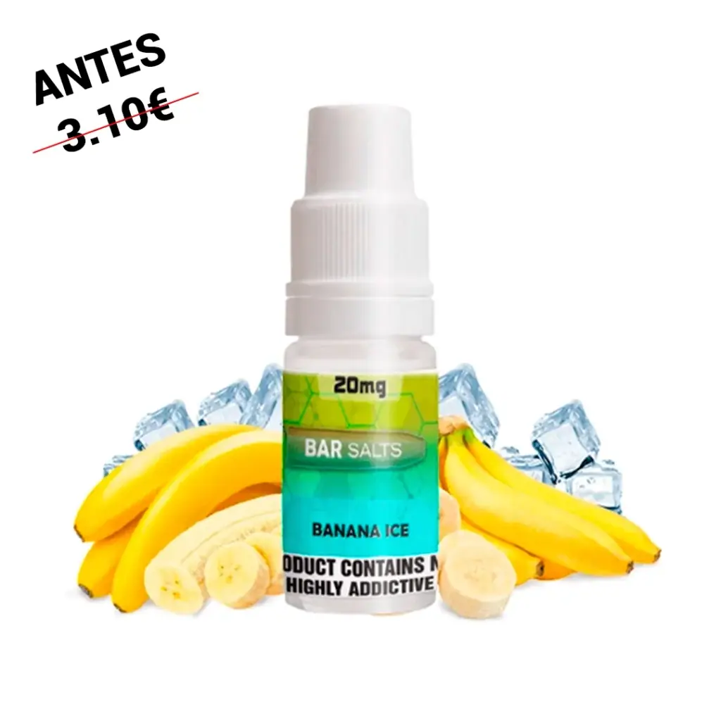 Frasco Bar Salts Banana Ice con tapón blanco y etiqueta verde y turquesa marcada «20 mg», rodeado de plátanos y cubitos de hielo.