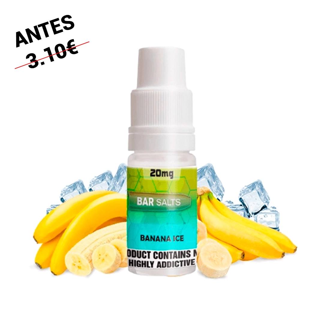 Frasco Bar Salts Banana Ice con tapón blanco y etiqueta verde y turquesa marcada «20 mg», rodeado de plátanos y cubitos de hielo.