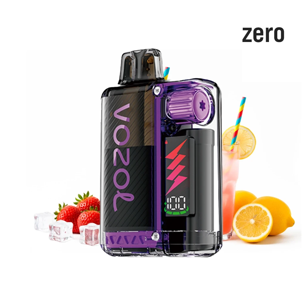 Vozol Vista Plug Pink Lemonade Zero negro y morado, con carcasa transparente, junto a fresas, limones, hielo y una bebida rosa.