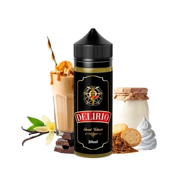 Bote Delirio de 20 ml con etiqueta negra y dorada, rodeado de un batido, chocolate, vainilla, galletas, un tarro y crema blanca.