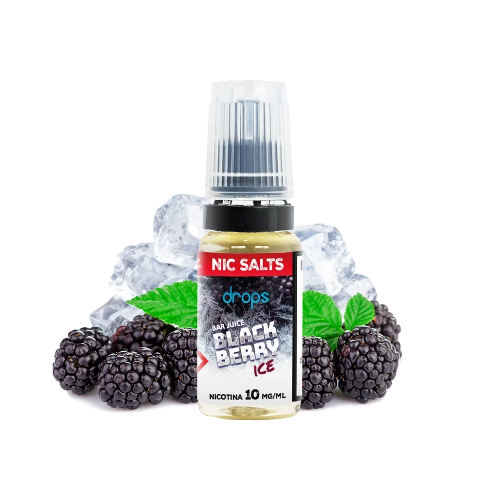 Frasco Drops Bar Juice Salts Blackberry Ice con etiqueta de nicotina de 10 mg/ml, rodeado de moras, hojas verdes y cubitos de hielo.