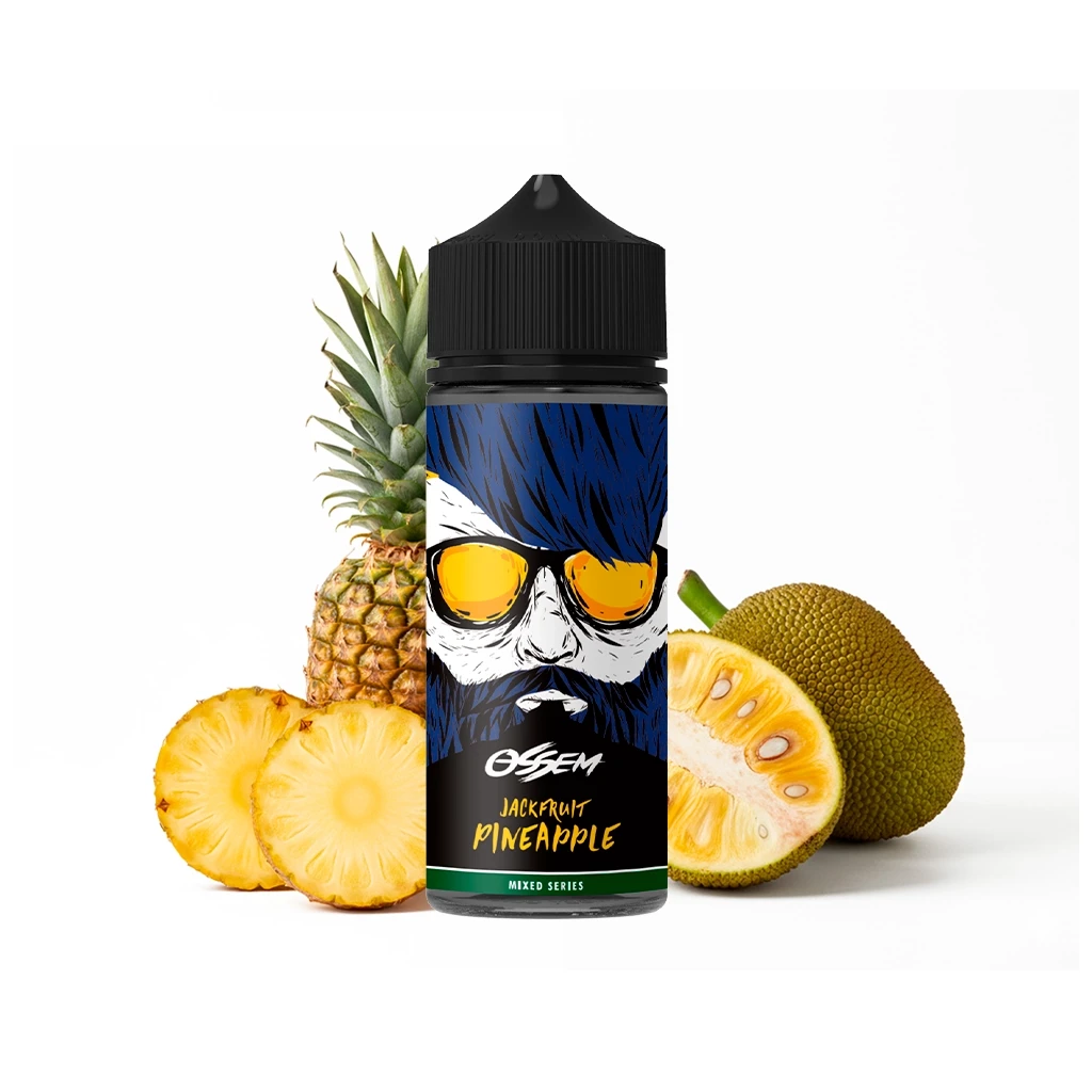 Frasco Ossem Jackfruit Pineapple con tapón negro y etiqueta de rostro con gafas amarillas, junto a piña y yaca cortadas.