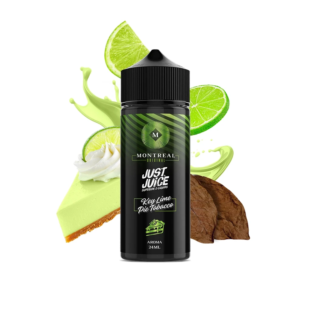 Botella Montreal x Just Juice Key Lime Pie Tobacco con tapón negro, rodeada de limas, una porción de tarta y hojas de tabaco.