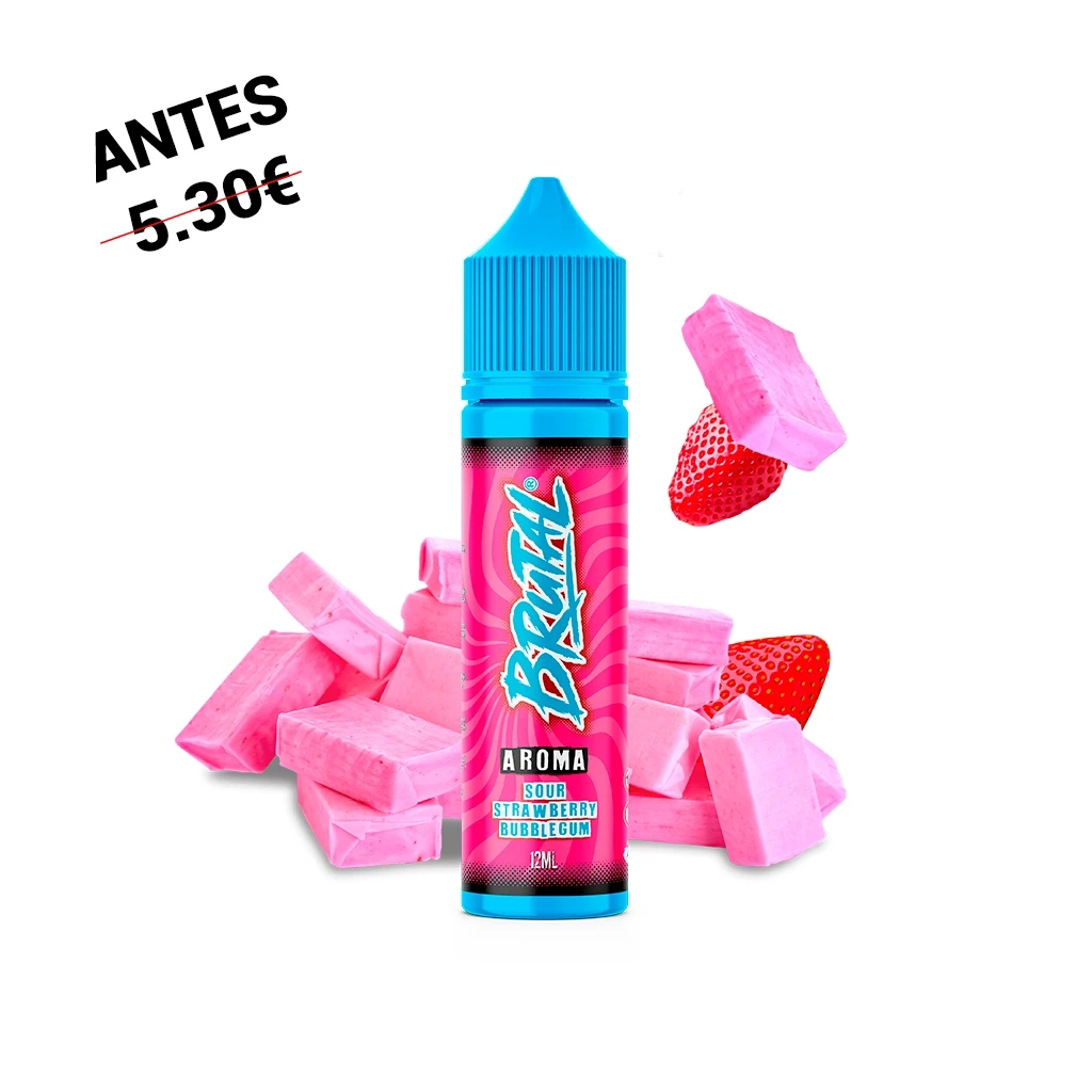 Botella Brutal Sour Strawberry Bubblegum de 12 ml, con etiqueta rosa y tapón azul, rodeada de fresas y chicles rosas.
