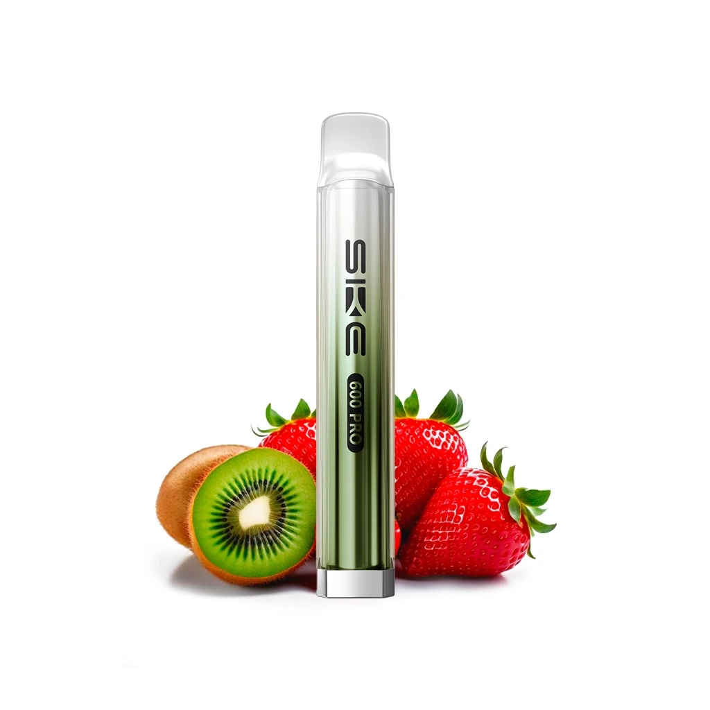 Vapeador Ske Crystal 600 Pro Strawberry Kiwi en posición vertical, con cuerpo verde y boquilla transparente, junto a fresas y un kiwi cortado.
