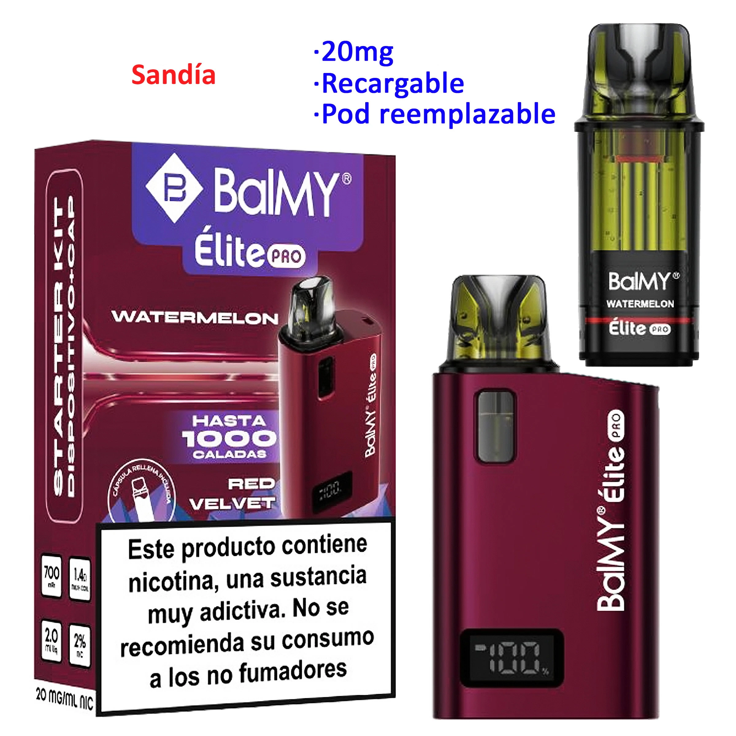 Kit BALMY Élite Pro Watermelon de 20 mg: dispositivo granate con pantalla, pod separado y caja con advertencia sobre la nicotina.