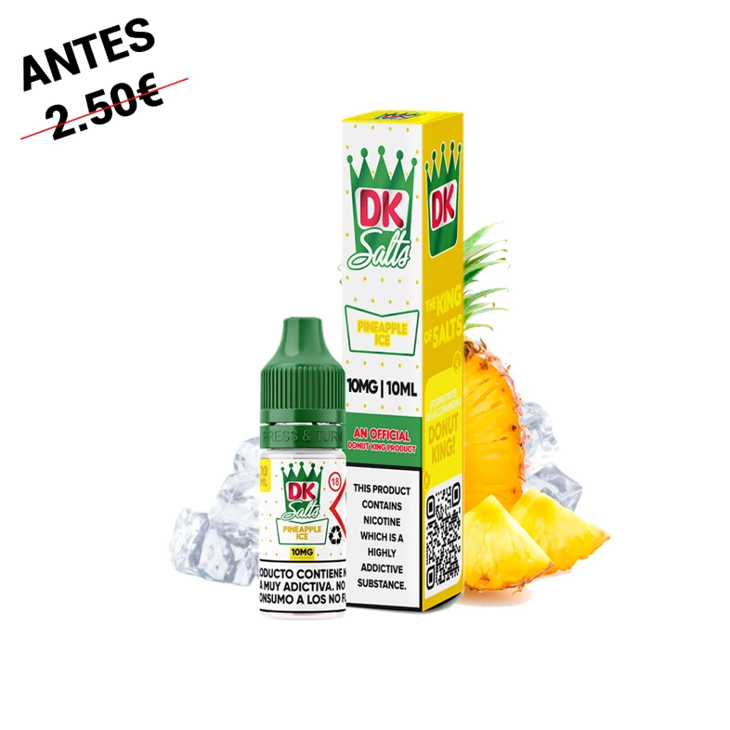 Frasco y caja de Donut King Salts Pineapple Ice, rotulada con 10 mg y 10 ml, junto a trozos de piña y cubitos de hielo.
