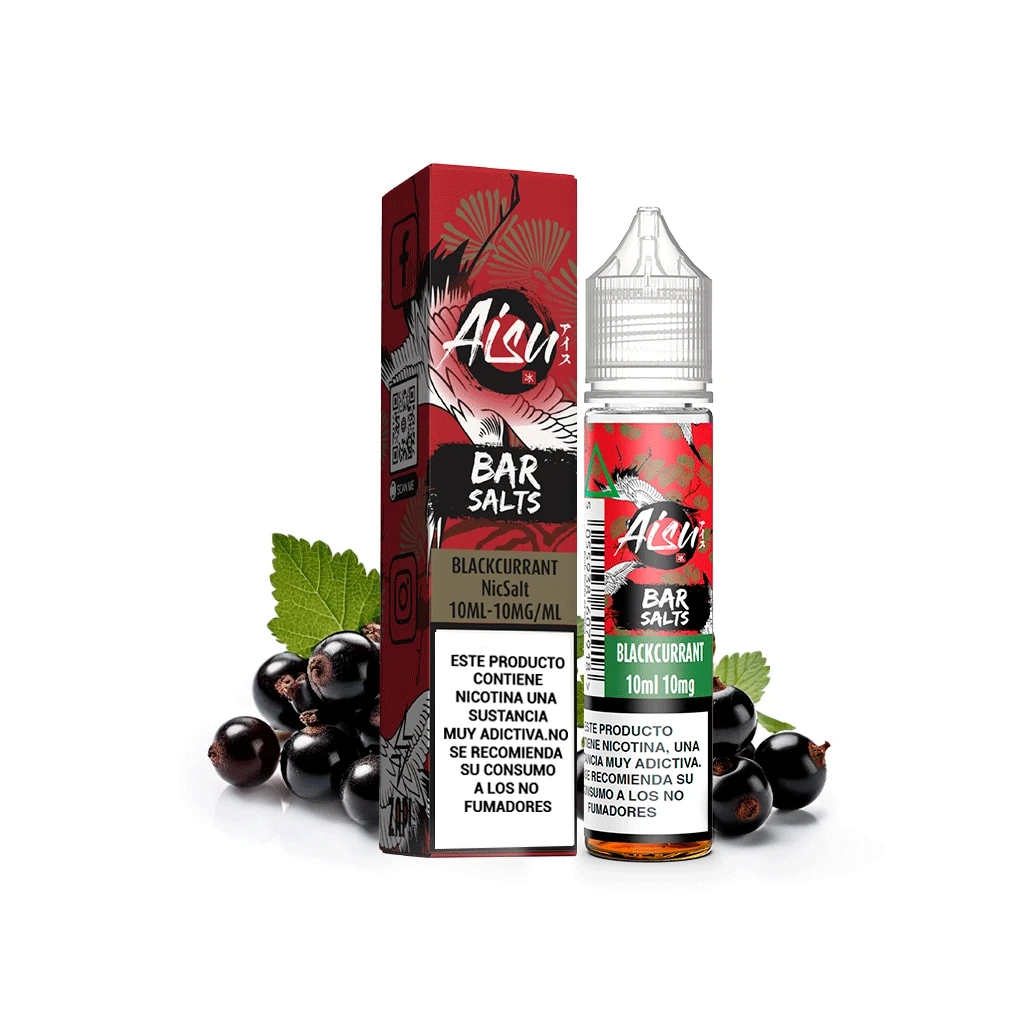Frasco de Aisu Bar Salts Blackcurrant junto a su caja roja y negra, con grosellas negras, hojas y advertencias sobre la nicotina.