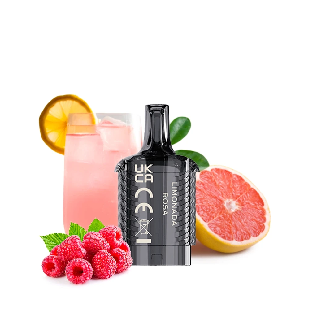 Pod negro Vozol Vista Plug Pink Lemonade junto a un vaso de bebida rosa con hielo, frambuesas y medio pomelo sobre fondo blanco.