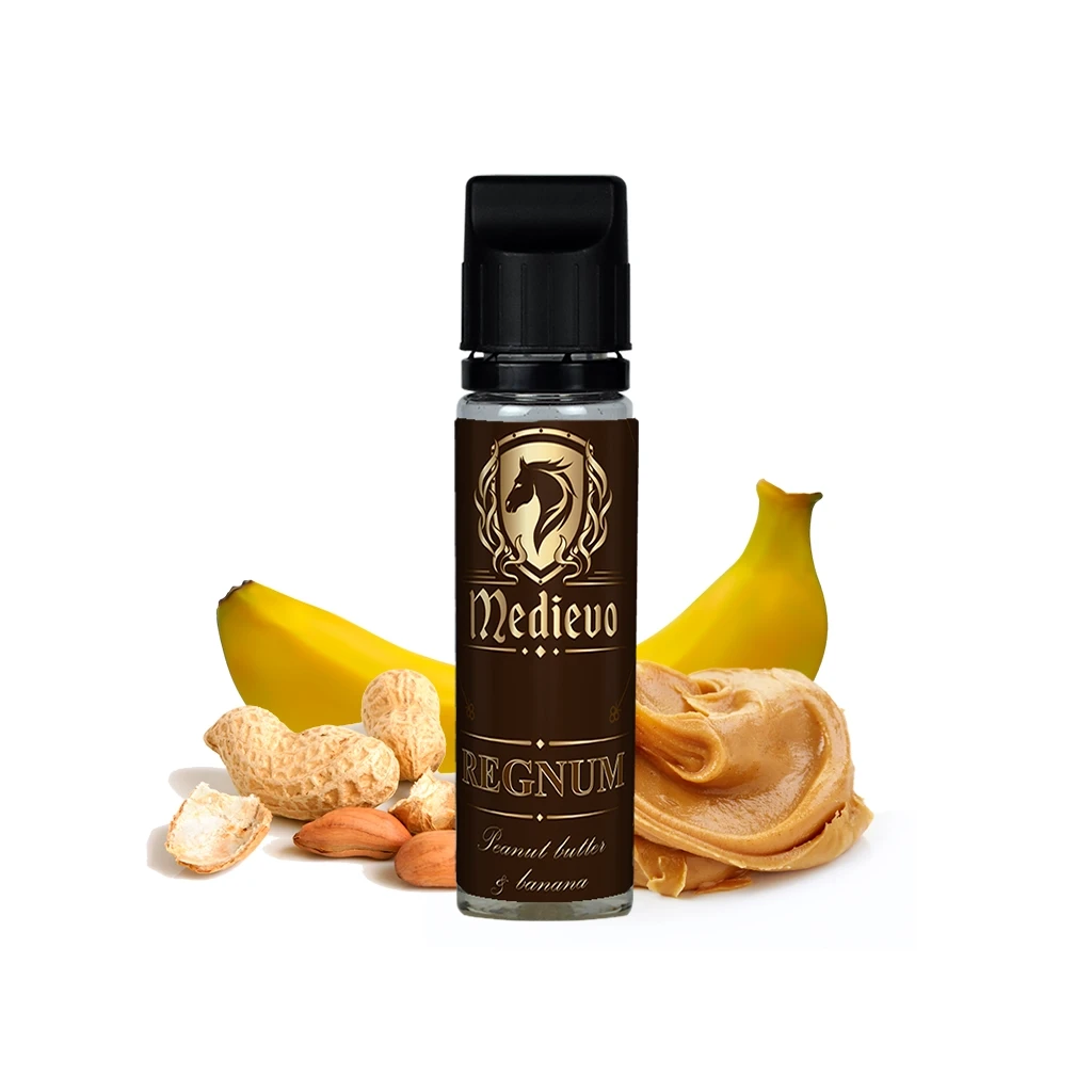 Frasco Medievo Regnum con tapón negro y etiqueta marrón y dorada, acompañado de plátanos, cacahuetes y crema de cacahuete.
