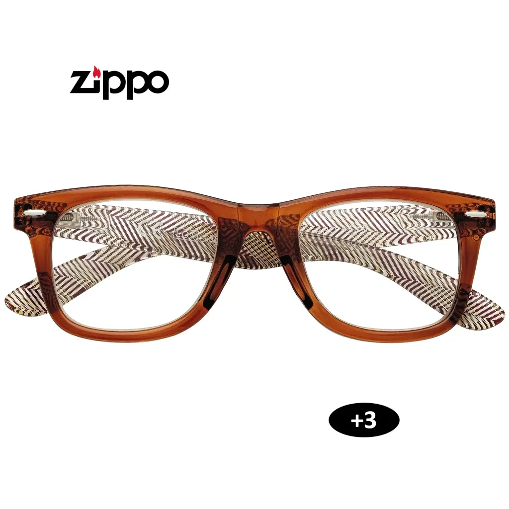 Gafas de lectura Zippo con montura rectangular marrón translúcida y patillas con estampado geométrico; aparece la graduación +3.