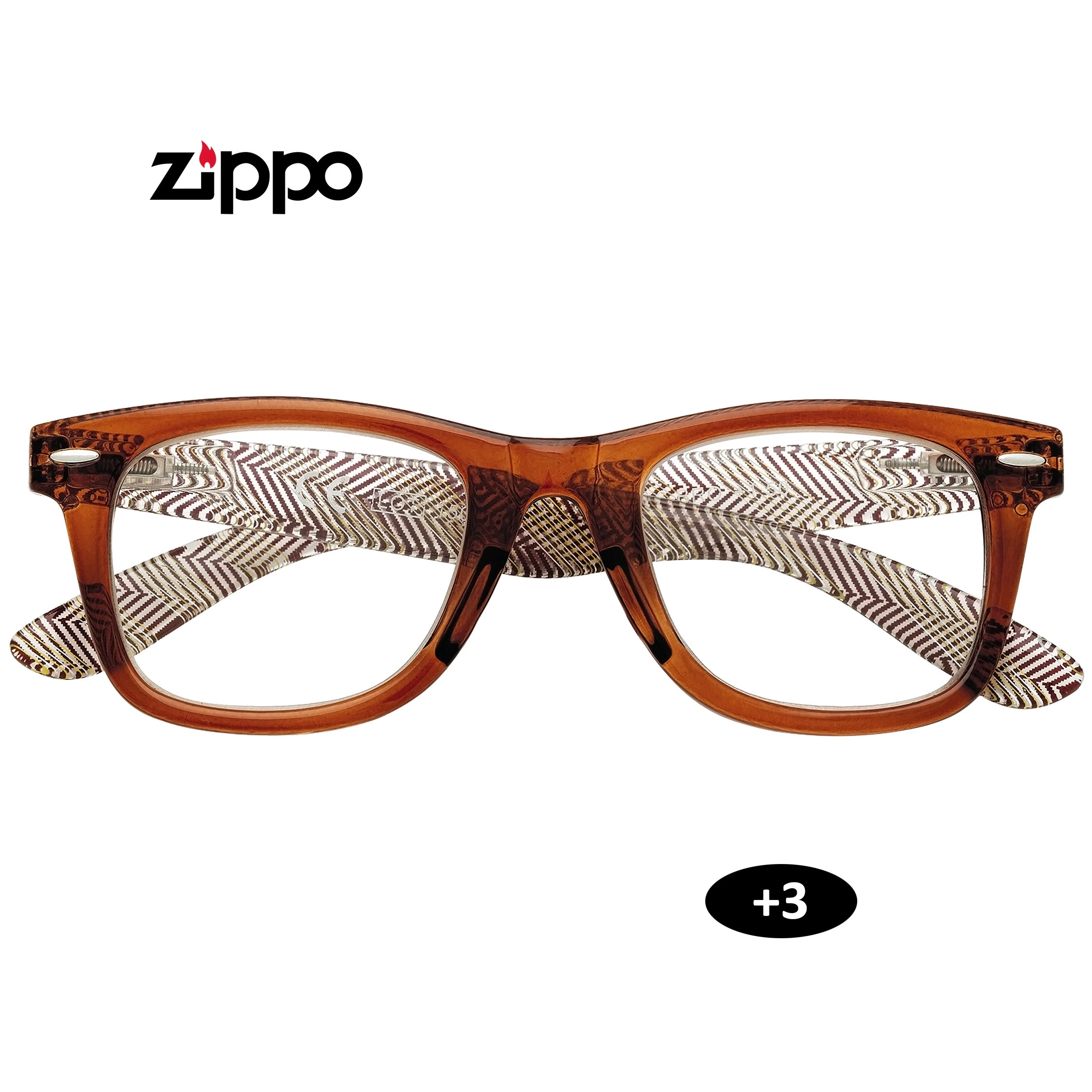 Gafas de lectura Zippo con montura rectangular marrón translúcida y patillas con estampado geométrico; aparece la graduación +3.