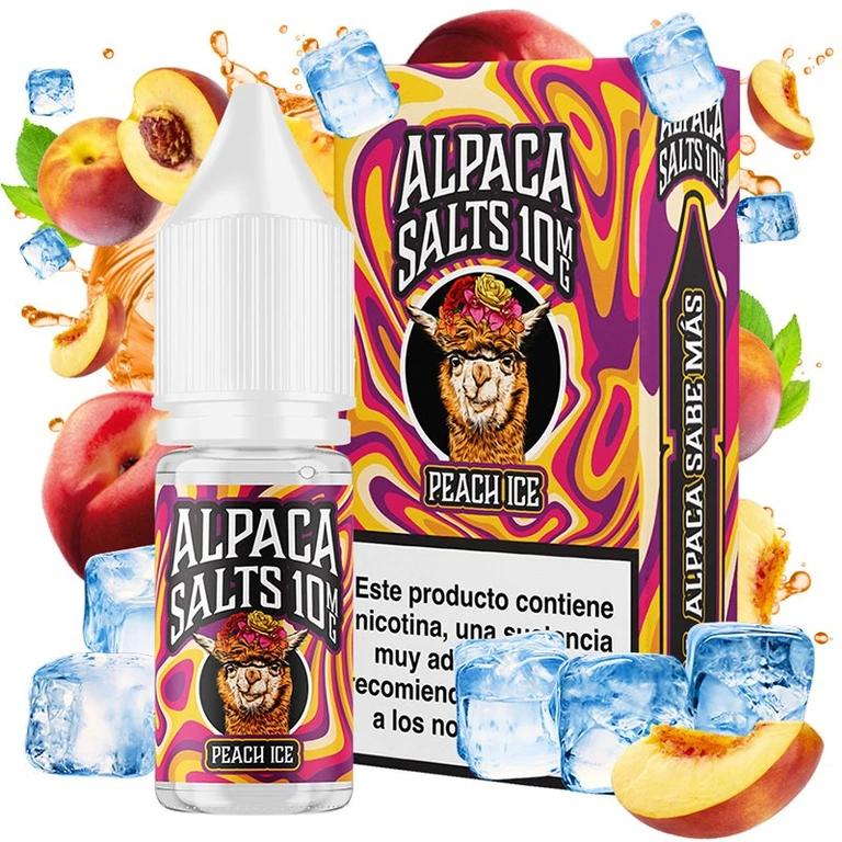Frasco de Peach Ice de Alpaca Salts junto a su caja amarilla y fucsia con una alpaca ilustrada, rodeados de melocotones y cubitos de hielo.